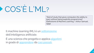 COS’È L’ML?
Il machine learning (ML) è un sottoinsieme
dell'intelligenza artificiale.
È una scienza che progetta e applica algoritmi
in grado di apprendere da casi passati.
6
“field of study that gives computers the ability to
learn without being explicitly programmed”
[Definizione di Machine Learning – Arthur Samuel,
1959]
 
