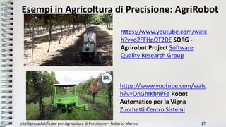 Esempi in Agricoltura di Precisione: AgriRobot
Intelligenza Artificiale per Agricoltura di Precisione – Roberto Marmo 17
h...