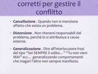 corretti per gestire il
           conflitto
• Cancellazione . Quando non si menziona
  affatto che esista un problema.
• Distorsione . Non ritenersi responsabili del
  problema, perché lo si attribuisce a cause
  esterne.
• Generalizzazione . Dire all'interlocutore frasi
  del tipo “Sei SEMPRE il solito…” “Tu non vieni
  MAI” ecc… generalizzando comportamenti
  che magari l'altro non sempre manifesta.
 