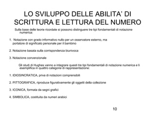 10
LO SVILUPPO DELLE ABILITA’ DI
SCRITTURA E LETTURA DEL NUMERO
Sulla base delle teorie ricordate si possono distinguere tre tipi fondamentali di notazione
numerica:
1. Notazione con grado informativo nullo per un osservatore esterno, ma
portatore di significato personale per il bambino
2. Notazione basata sulla corrispondenza biunivoca
3. Notazione convenzionale
Gli studi di Hughes vanno a integrare questi tre tipi fondamentali di notazione numerica e li
esemplifica in quattro categorie di rappresentazione:
1. IDIOSINCRATICA, priva di notazioni comprensibili
2. PITTOGRAFICA, riproduce figurativamente gli oggetti della collezione
3. ICONICA, formata da segni grafici
4. SIMBOLICA, costituita da numeri arabici
 