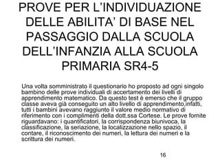 16
PROVE PER L’INDIVIDUAZIONE
DELLE ABILITA’ DI BASE NEL
PASSAGGIO DALLA SCUOLA
DELL’INFANZIA ALLA SCUOLA
PRIMARIA SR4-5
Una volta somministrato il questionario ho proposto ad ogni singolo
bambino delle prove individuali di accertamento dei livelli di
apprendimento matematico. Da questo test è emerso che il gruppo
classe aveva già conseguito un alto livello di apprendimento,infatti,
tutti i bambini avevano raggiunto il valore medio normativo di
riferimento con i complimenti della dott.ssa Cortese. Le prove fornite
riguardavano: i quantificatori, la corrispondenza biunivoca, la
classificazione, la seriazione, la localizzazione nello spazio, il
contare, il riconoscimento dei numeri, la lettura dei numeri e la
scrittura dei numeri.
 