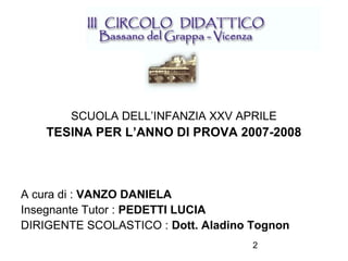 SCUOLA DELL’INFANZIA XXV APRILE

TESINA PER L’ANNO DI PROVA 2007-2008

A cura di : VANZO DANIELA
Insegnante Tutor : PEDETTI LUCIA
DIRIGENTE SCOLASTICO : Dott. Aladino Tognon
2

 