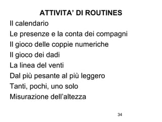 ATTIVITA’ DI ROUTINES
Il calendario
Le presenze e la conta dei compagni
Il gioco delle coppie numeriche
Il gioco dei dadi
La linea del venti
Dal più pesante al più leggero
Tanti, pochi, uno solo
Misurazione dell’altezza
34

 