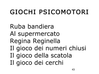 43
GIOCHI PSICOMOTORI
Ruba bandiera
Al supermercato
Regina Reginella
Il gioco dei numeri chiusi
Il gioco della scatola
Il gioco dei cerchi
 