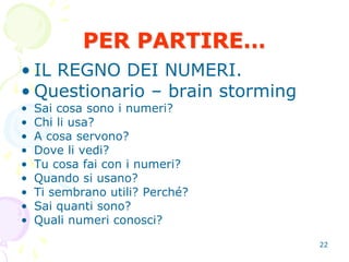 22
PER PARTIRE…
• IL REGNO DEI NUMERI.
• Questionario – brain storming
• Sai cosa sono i numeri?
• Chi li usa?
• A cosa servono?
• Dove li vedi?
• Tu cosa fai con i numeri?
• Quando si usano?
• Ti sembrano utili? Perché?
• Sai quanti sono?
• Quali numeri conosci?
 