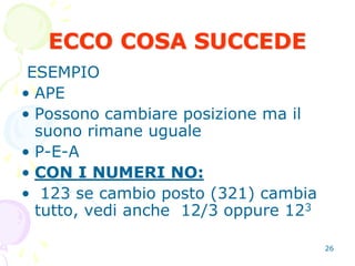 26
ECCO COSA SUCCEDE
ESEMPIO
• APE
• Possono cambiare posizione ma il
suono rimane uguale
• P-E-A
• CON I NUMERI NO:
• 123 se cambio posto (321) cambia
tutto, vedi anche 12/3 oppure 123
 