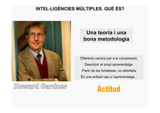 INTEL·LIGÈNCIES MÚLTIPLES. QUÈ ÉS?




                    Una teoria i una
                   bona metodologia


                 Diferents camins per a la comprensió.
                   Descobrir el propi aprenentatge.
                  Partir de les fortaleses, no debilitats
                 És una actitud cap a l’aprenentatge...
 