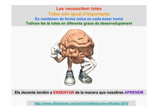 Les necessitem totes
                 Totes són igual d’importants
         Es combinen de forma única en cada ésser humà
     Tothom les té totes en diferents graus de desenvolupament




Els docents tendim a ENSENYAR de la manera que nosaltres APRENEM

         http://www.slideshare.net/nalart/intelligncies-mltiples-2010
 