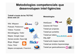 Metodologies competencials que
            desenvolupen intel·ligències

Treball a través de les TIC/TAC
                                  Metodologies
Eines web 2.0:


                                  WebQuest
Wiki: Wispace
                                  Caceres del Tresor
Podcast: Podsonoro
                                  Treball per projectes
Videos: Youtube
                                  Treball per portafolis
Microblogging: Twiter
                                  Treball per tallers
Mapes: Google maps
                                  PBL/ABP
Xarxes socials: Espurn@
                                  Treball amb mapes mentals
Blogs: Blogger
                                  Treball per àmbits d’aprenentatge
Fotos: Flickr
                                  Treball per geolocalitzacions ....
Mapes conceptuals: Freemind ...
 