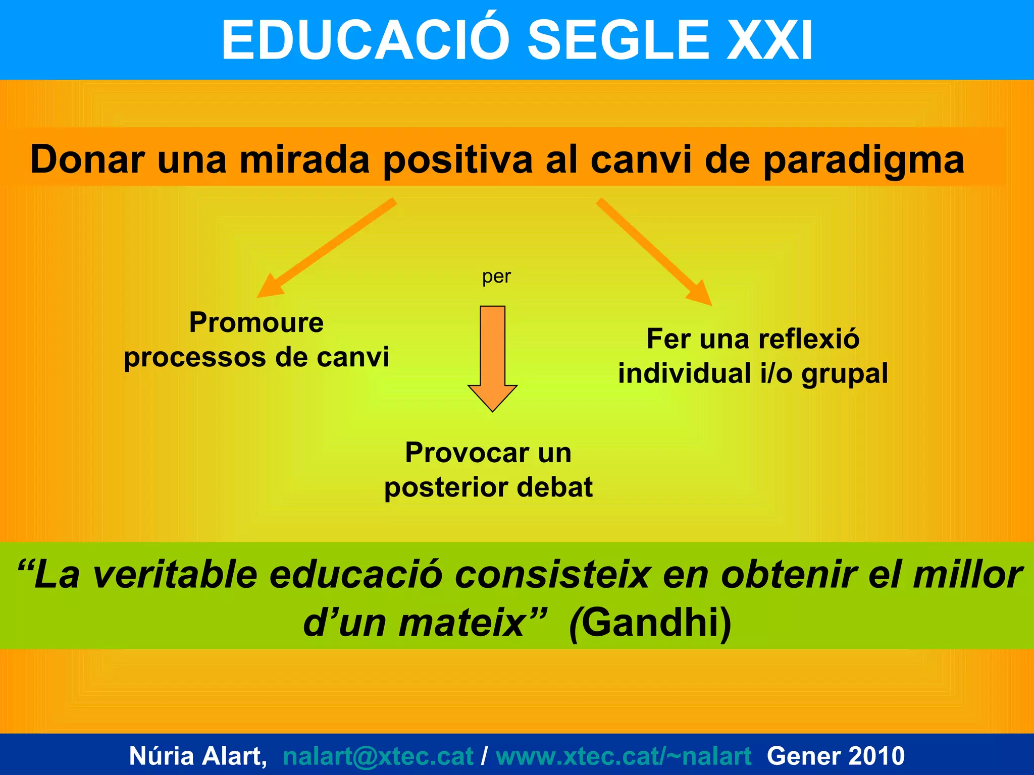 EDUCACIÓ SEGLE XXI Núria Alart,  [email_address]  /  www.xtec.cat/~nalart   Gener 2010 Donar una mirada positiva al canvi de paradigma   Promoure processos de canvi Provocar un posterior debat Fer una reflexió individual i/o grupal per “ La veritable educació consisteix en obtenir el millor d’un mateix”  ( Gandhi) 