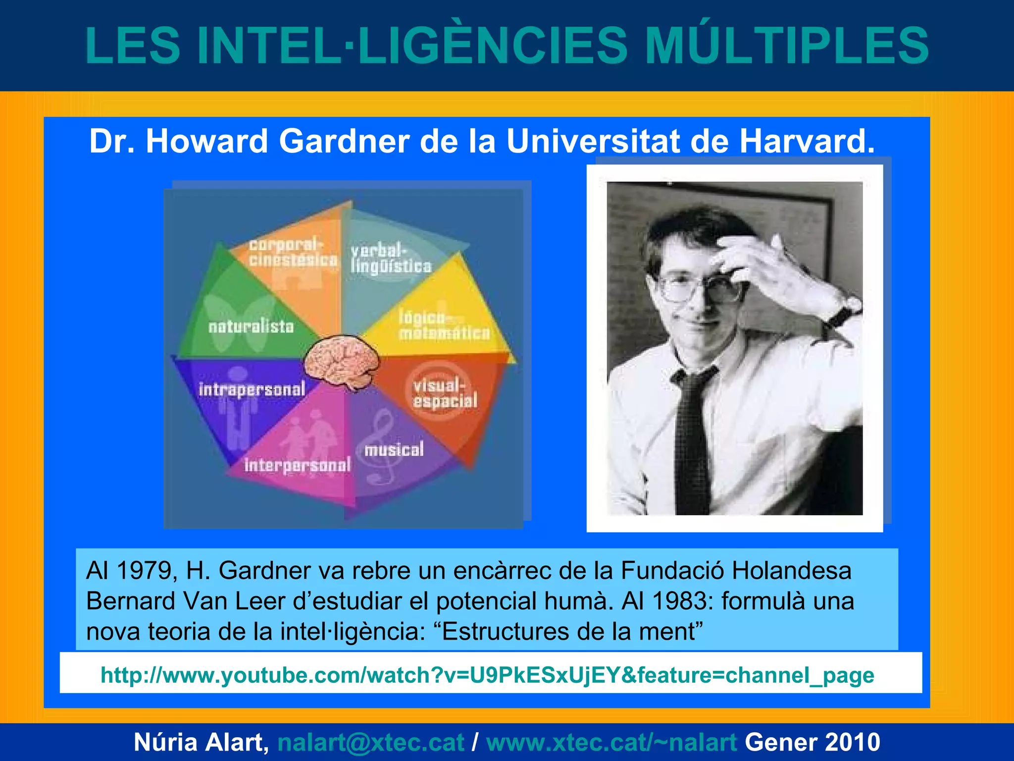 LES INTEL·LIGÈNCIES MÚLTIPLES Dr. Howard Gardner de la Universitat de Harvard.  Al 1979, H. Gardner va rebre un encàrrec de la Fundació Holandesa Bernard Van Leer d’estudiar el potencial humà. Al 1983: formulà una nova teoria de la intel·ligència: “Estructures de la ment”  Núria Alart,  [email_address]  /  www.xtec.cat/~nalart  Gener 2010 http://www.youtube.com/watch?v=U9PkESxUjEY&feature=channel_page   