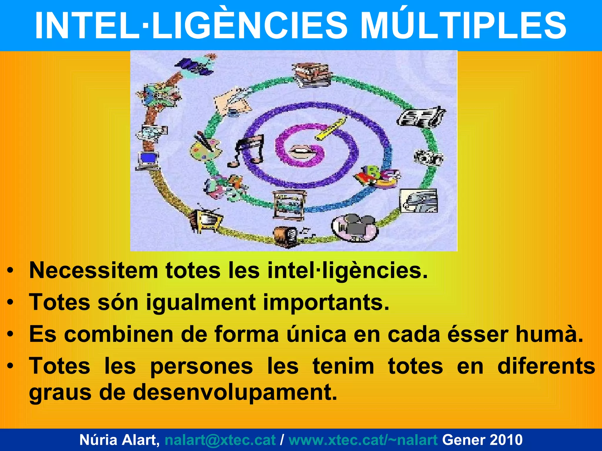 INTEL·LIGÈNCIES MÚLTIPLES Necessitem totes les intel·ligències. Totes són igualment importants. Es combinen de forma única en cada ésser humà. Totes les persones les tenim totes en diferents graus de desenvolupament. Núria Alart,  [email_address]  /  www.xtec.cat/~nalart  Gener 2010 