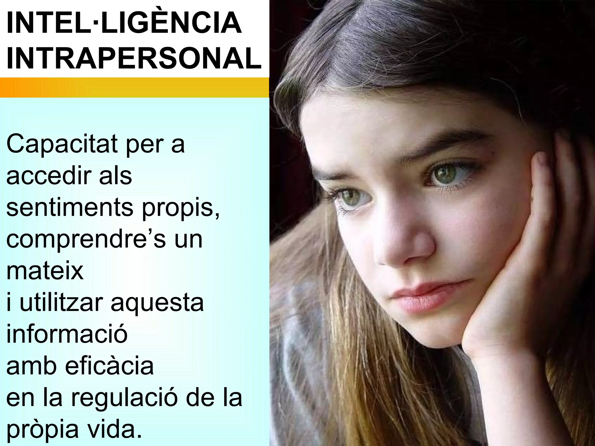 INTEL·LIGÈNCIA INTRAPERSONAL Capacitat per a accedir als sentiments propis, comprendre’s un mateix i utilitzar aquesta informació amb eficàcia  en la regulació de la pròpia vida. 