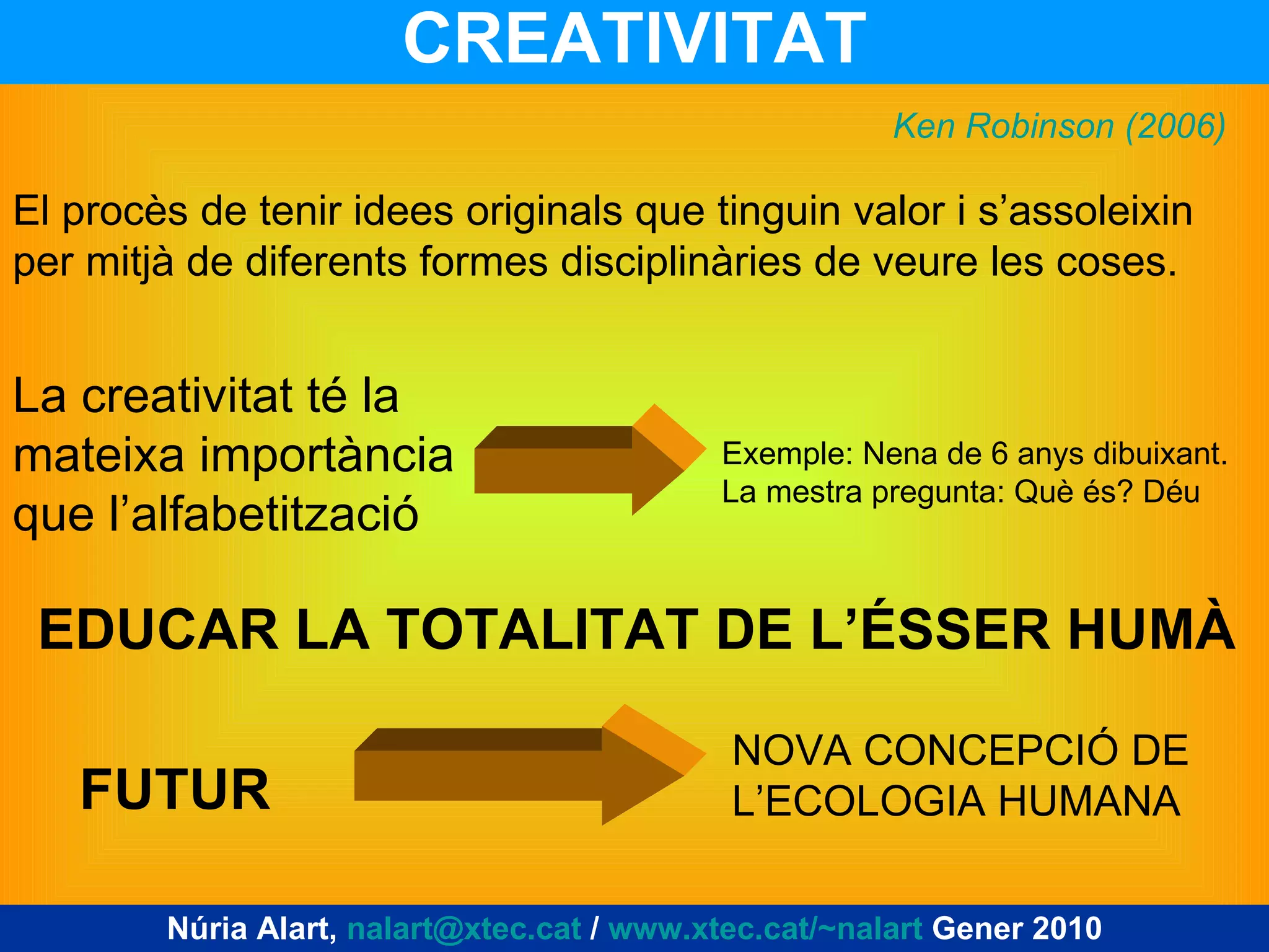 CREATIVITAT El procès de tenir idees originals que tinguin valor i s’assoleixin per mitjà de diferents formes disciplinàries de veure les coses. La creativitat té la mateixa importància que l’alfabetització Exemple: Nena de 6 anys dibuixant. La mestra pregunta: Què és? Déu Ken Robinson (2006) EDUCAR LA TOTALITAT DE L’ÉSSER HUMÀ FUTUR NOVA CONCEPCIÓ DE L’ECOLOGIA HUMANA Núria Alart,  [email_address]  /  www.xtec.cat/~nalart  Gener 2010 