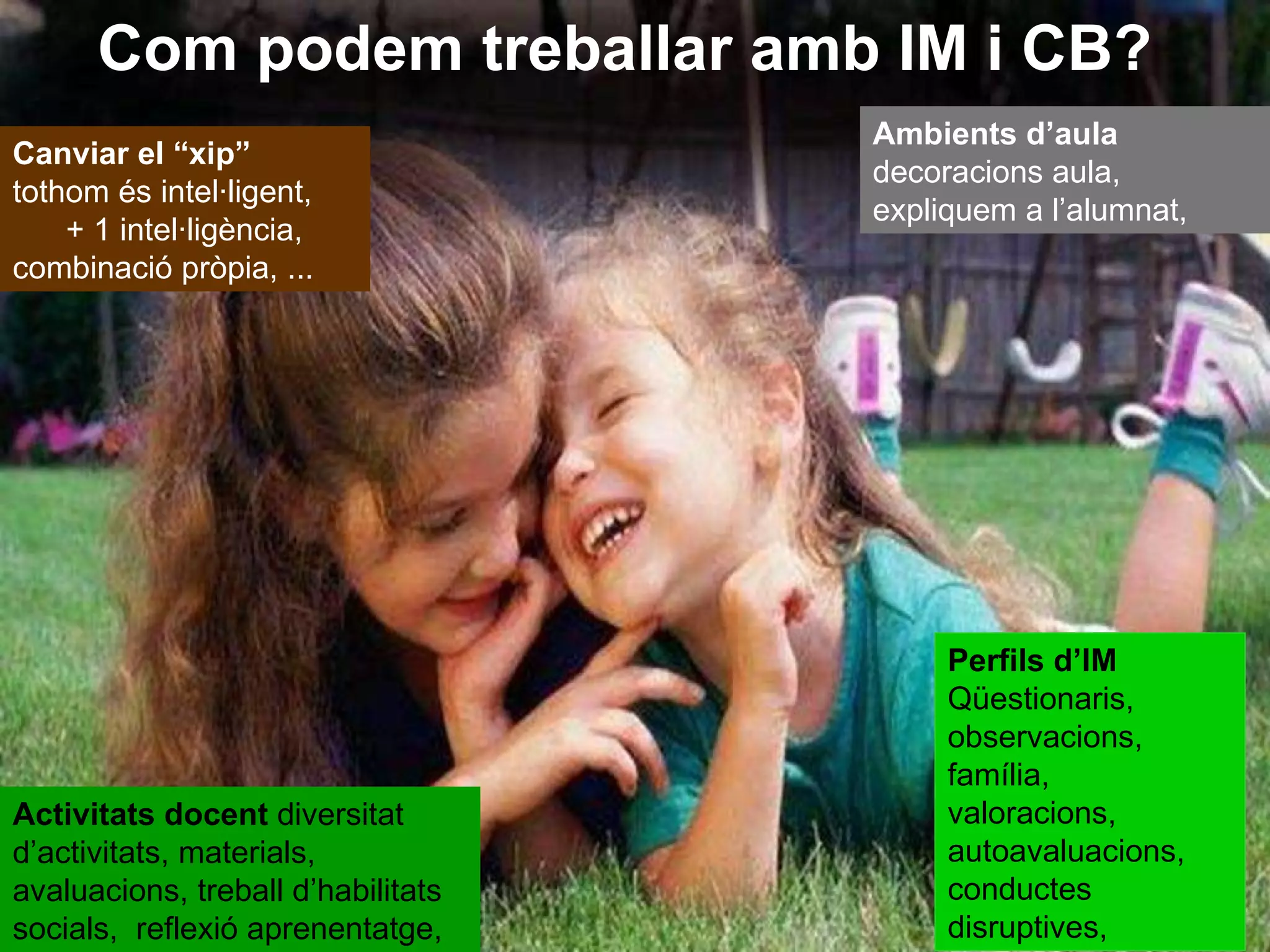 Com podem treballar amb IM i CB? Canviar el “xip”   tothom és intel·ligent,  + 1 intel·ligència,  combinació pròpia, ... Activitats docent  diversitat d’activitats, materials, avaluacions, treball d’habilitats socials,  reflexió aprenentatge,  Ambients d’aula  decoracions aula, expliquem a l’alumnat,  Perfils d’IM  Qüestionaris, observacions,  família,  valoracions,  autoavaluacions, conductes disruptives, 