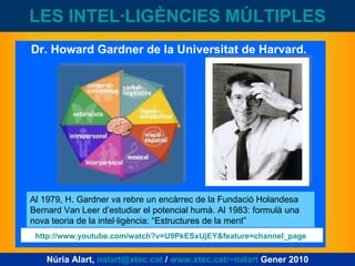 LES INTEL·LIGÈNCIES MÚLTIPLES Dr. Howard Gardner de la Universitat de Harvard.  Al 1979, H. Gardner va rebre un encàrrec de la Fundació Holandesa Bernard Van Leer d’estudiar el potencial humà. Al 1983: formulà una nova teoria de la intel·ligència: “Estructures de la ment”  Núria Alart,  [email_address]  /  www.xtec.cat/~nalart  Gener 2010 http://www.youtube.com/watch?v=U9PkESxUjEY&feature=channel_page   