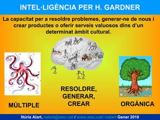 INTEL·LIGÈNCIA PER H. GARDNER MÚLTIPLE ORGÀNICA RESOLDRE, GENERAR, CREAR La capacitat per a resoldre problemes, generar-ne de nous i crear productes o oferir serveis valuosos dins d’un determinat àmbit cultural. Núria Alart,  [email_address]  /  www.xtec.cat/~nalart  Gener 2010 