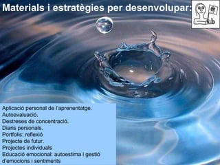 Materials i estratègies per desenvolupar:  Aplicació personal de l’aprenentatge. Autoavaluació. Destreses de concentració. Diaris personals. Portfolis: reflexió Projecte de futur. Projectes individuals Educació emocional: autoestima i gestió d’emocions i sentiments 