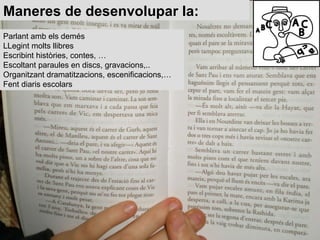 Maneres de desenvolupar la: Parlant amb els demés  LLegint molts llibres  Escribint històries, contes, …  Escoltant paraules en discs, gravacions,.. Organitzant dramatitzacions, escenificacions,…  Fent diaris escolars  