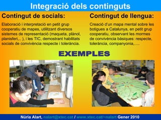 EXEMPLES Contingut de socials: Elaboració i interpretació en petit grup cooperatiu de mapes, utilitzant diversos sistemes de representació (maqueta, plànol, planisferi,.. ), i les TIC, demostrant habilitats socials de convivència respecte i tolerància.  Contingut de llengua: Creació d’un mapa mental sobre les botigues a Catalunya, en petit grup cooperatiu, observant les mormes de convivència bàsiques: respecte, tolerància, companyonia,…. Integració dels continguts Núria Alart,  [email_address]  /  www.xtec.cat/~nalart  Gener 2010  