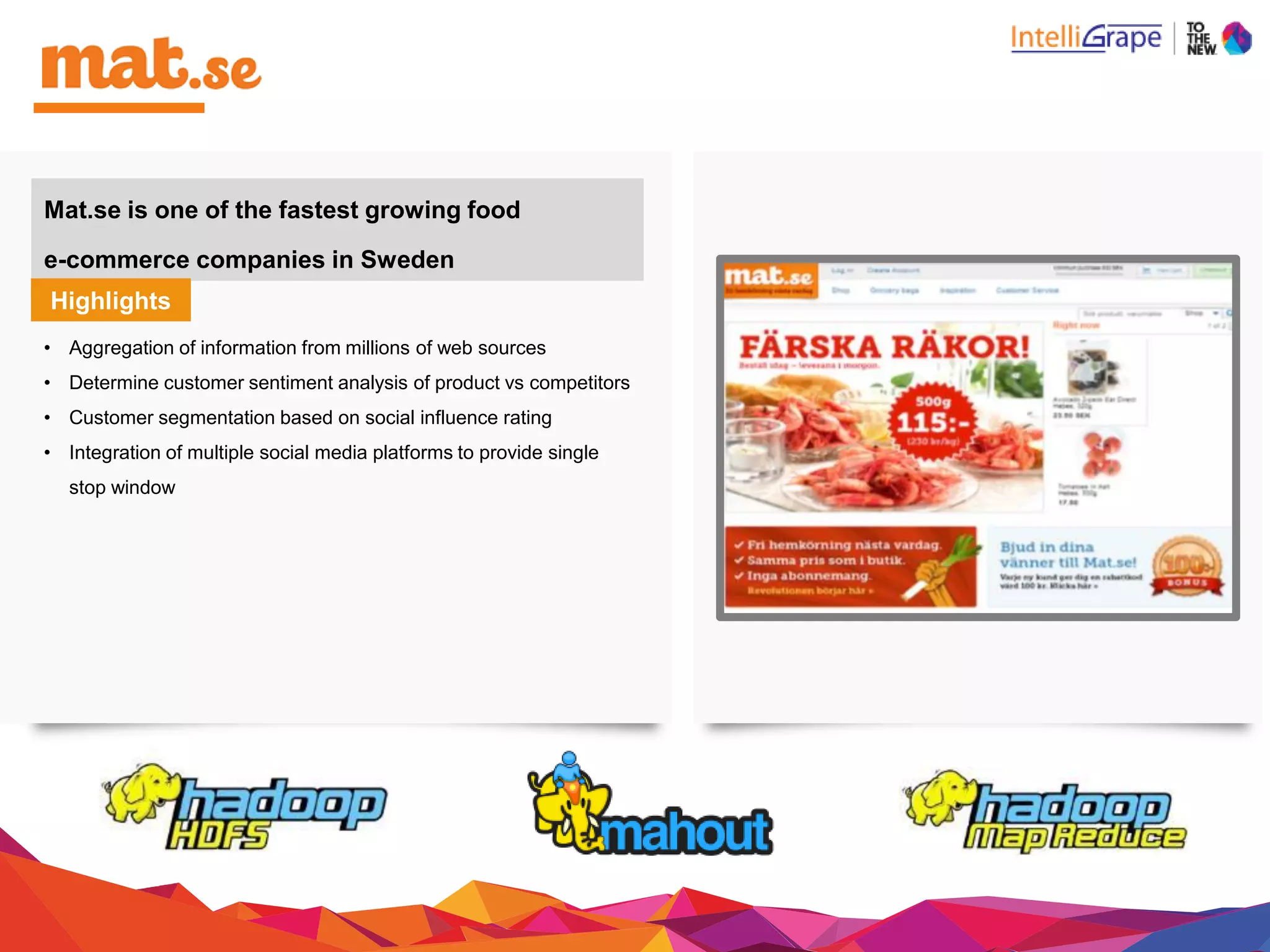 Mat.se is one of the fastest growingfood
e-commerce companies in Sweden
Highlights
• Aggregation of information from millions of websources
• Determine customer sentiment analysis of product vs competitors
• Customer segmentation based on social influencerating
• Integration of multiple social media platforms to provide single
stopwindow
 
