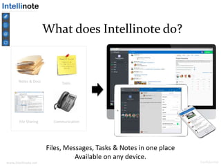 www.intellinote.net Confidential
Notes & Docs Tasks
File Sharing Communication
What does Intellinote do?
Files, Messages, Tasks & Notes in one place
Available on any device.
 