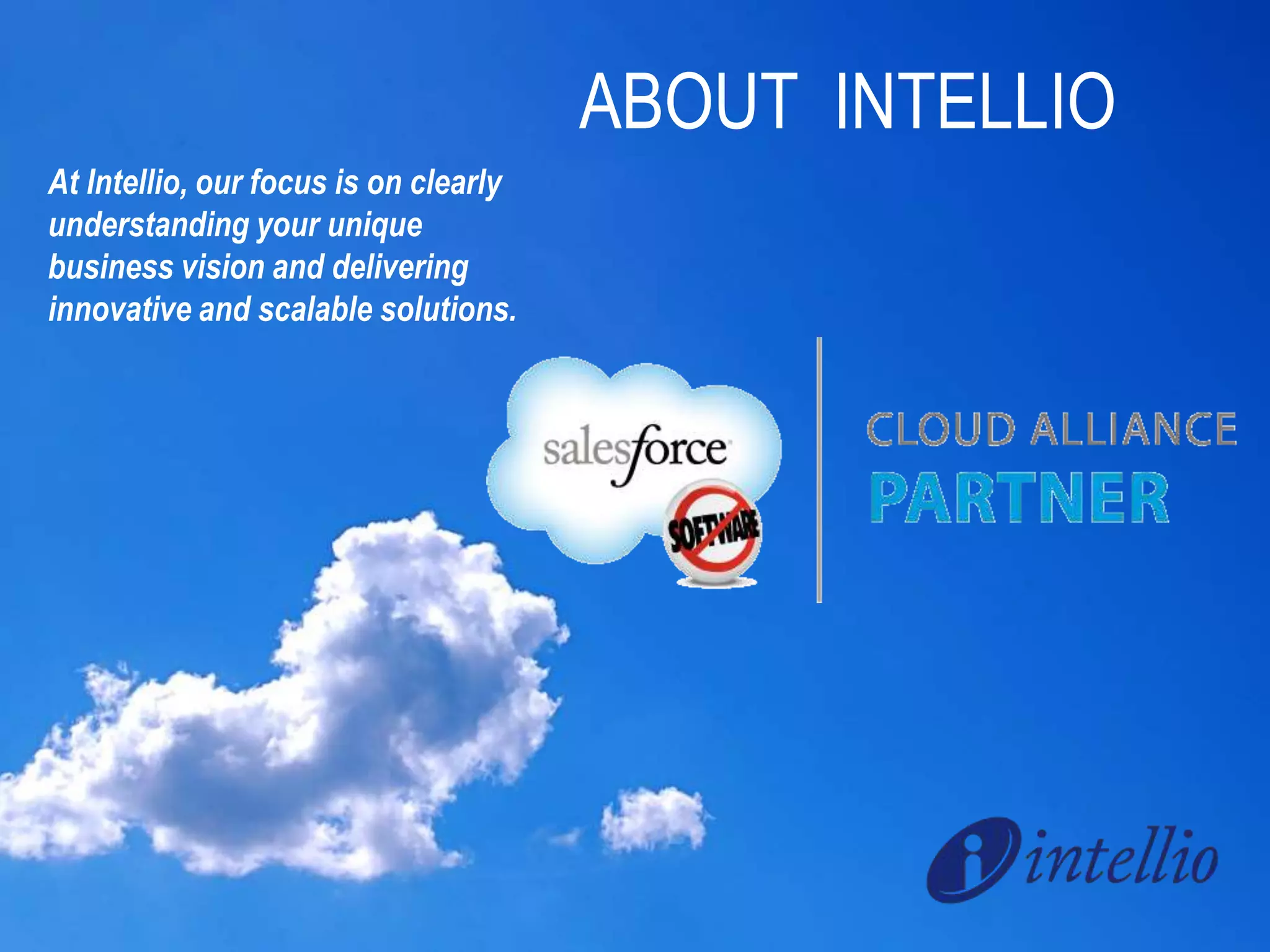 ABOUT INTELLIO 
At Intellio, our focus is on clearly 
understanding your unique 
business vision and delivering 
innovative and scalable solutions. 
 