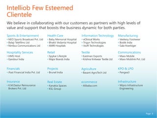 Page 6
Intelliob Few Esteemed
Clientele
We believe in collaborating with our customers as partners with high levels of
value and support that boosts the business dynamic for both parties.
Sports & Entertainment
• NEO Sports Broadcast Pvt. Ltd
• Balaji Telefilms Ltd
• Nimbus Communications Ltd
Health Care
• Baby Memorial Hospital
• Bhakti Vedanta Hospital
• AMRI Hospitals
Information Technology
• eClinical Works
• Trigyn Technologies
• Vsoft Technologies
Manufacturing
• Veekesy Footwear
• Bostik India
• Gala Hoerbiger
Retail
• Spykar Lifestyle
• Major Brands India
Textile
• Eastman Exports
• Krishna Knitwear Textile Ltd
Hospitality Services
• HMS Host
• Gandour India
Financials
• iFast Financial India Pvt. Ltd
Projects
• Brunel India
Insurance
• K.M.Dastur Reinsurance
Brokers Pvt. Ltd
Communications
• Maxx Mobile
• Maxx Moblink Pvt. Ltd
Agriculture
• Basant AgroTech Ltd
KPO & LPO
• Pangea3
Real Estate
• Kanakia Spaces
• KSL Group
ecommerce
• Alibaba.com
Infrastructure
• Wipro Infrastructure
Engineering
 