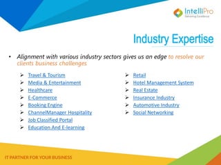 • Alignment with various industry sectors gives us an edge to resolve our
clients business challenges
 Travel & Tourism
 Media & Entertainment
 Healthcare
 E-Commerce
 Booking Engine
 ChannelManager Hospitality
 Job Classified Portal
 Education And E-learning
 Retail
 Hotel Management System
 Real Estate
 Insurance Industry
 Automotive Industry
 Social Networking
 