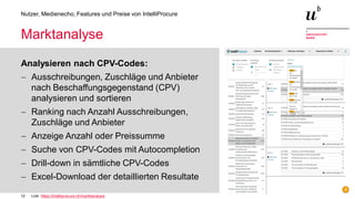 12
Nutzer, Medienecho, Features und Preise von IntelliProcure
Marktanalyse
Analysieren nach CPV-Codes:
− Ausschreibungen, Zuschläge und Anbieter
nach Beschaffungsgegenstand (CPV)
analysieren und sortieren
− Ranking nach Anzahl Ausschreibungen,
Zuschläge und Anbieter
− Anzeige Anzahl oder Preissumme
− Suche von CPV-Codes mit Autocompletion
− Drill-down in sämtliche CPV-Codes
− Excel-Download der detaillierten Resultate
Link: https://intelliprocure.ch/marktanalyse
 