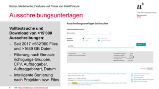 6
Nutzer, Medienecho, Features und Preise von IntelliProcure
Ausschreibungsunterlagen
Volltextsuche und
Download von >19'000
Ausschreibungen:
− Seit 2017 >562'000 Files
und >1689 GB Daten
− Filterung nach Benach-
richtigungs-Gruppen,
CPV, Auftraggeber,
Auftraggeberart, Datum
− Intelligente Sortierung
nach Projekten bzw. Files
Link: https://intelliprocure.ch/stichwortsuche
 