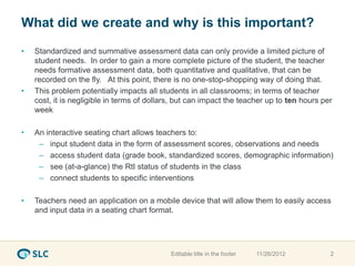What did we create and why is this important?

•   Standardized and summative assessment data can only provide a limited picture of
    student needs. In order to gain a more complete picture of the student, the teacher
    needs formative assessment data, both quantitative and qualitative, that can be
    recorded on the fly. At this point, there is no one-stop-shopping way of doing that.
•   This problem potentially impacts all students in all classrooms; in terms of teacher
    cost, it is negligible in terms of dollars, but can impact the teacher up to ten hours per
    week

•   An interactive seating chart allows teachers to:
     – input student data in the form of assessment scores, observations and needs
     – access student data (grade book, standardized scores, demographic information)
     – see (at-a-glance) the RtI status of students in the class
     – connect students to specific interventions

•   Teachers need an application on a mobile device that will allow them to easily access
    and input data in a seating chart format.




                                             Editable title in the footer   11/26/2012       2
 
