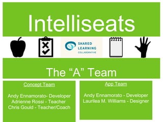 Intelliseats
                The “A” Team
      Concept Team                      App Team

Andy Ennamorato- Developer    Andy Ennamorato - Developer
 Adrienne Rossi - Teacher     Laurilea M. Williams - Designer
Chris Gould - Teacher/Coach
 