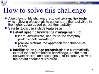  A solution to this challenge is to deliver smarter tools
which allow professionals to concentrate their activities in
the higher value-added part of their activity.
 Smarter tools can include features as:
 Patent specific knowledge management, to:
 learn, accumulate, and reuse the company
professionals knowledge.
 provide a structured approach for different use
cases.
 Intelligent language technologies to automatically
extract the text embedded knowledge, as the most
relevant entities and passages, and to identify as well
the patent document structure.
How to solve this challenge
IntelliSemantic 5
 