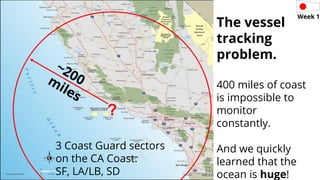 ?
The vessel
tracking
problem.
400 miles of coast
is impossible to
monitor
constantly.
And we quickly
learned that the
oce...