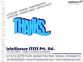 intellisense ITSYS Pvt Ltd.
ATTITUDE + POWER = PERFORMANCE
ATTITUDE + KNOWLEDGE = EXCELLENCE
 