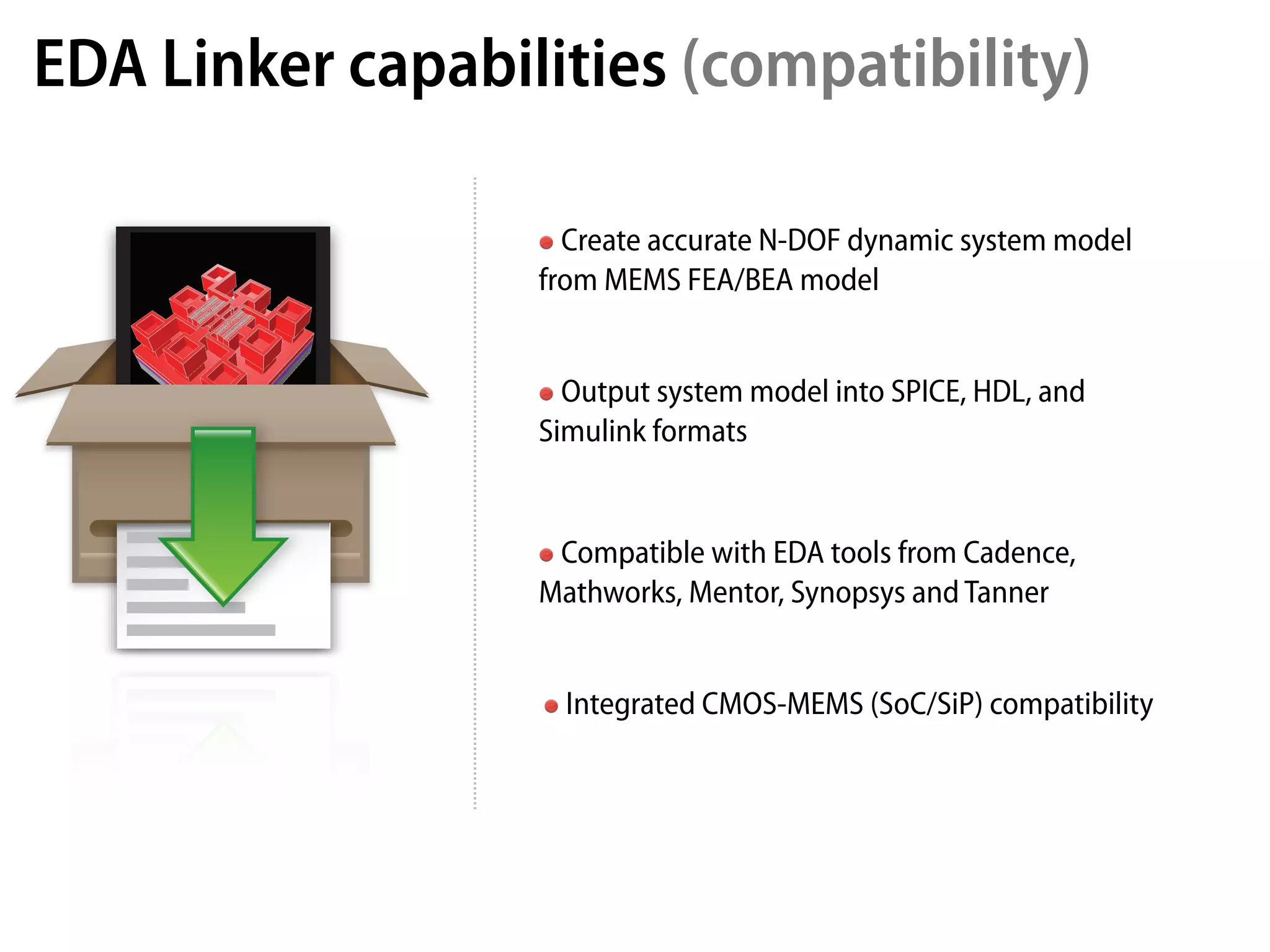 EDA Linker capabilities (compatibility)

                    Create accurate N-DOF dynamic system model
                  from MEMS FEA/BEA model


                    Output system model into SPICE, HDL, and
                  Simulink formats


                   Compatible with EDA tools from Cadence,
                  Mathworks, Mentor, Synopsys and Tanner


                    Integrated CMOS-MEMS (SoC/SiP) compatibility
 