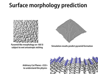 Surface morphology prediction




Pyramid like morphology on 100 Si
                                         Simulation results predict pyramid formation
subject to wet anisotropic etching




            Arbitrary Cut Planes <533>
            to understand the physics
 