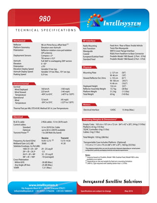 www.intellisystem.it
Via Augusto Murri N°1 - 96100 Siracusa (ITALY)
info@intellisystem.it +39 (0)931-1756256 +39 335 1880035 Specifications are subject to change	 May 2016
T e c h n i c a l s p e c i f i c a t i o n s
Integrated Satellite Solutions
Shipping Weights  Dimensions*
Mechanical
Reflector
Platform Geometry
Polarization
Deployment Sensors
Azimuth
Elevation
Polarization
Elevation Deploy Speed
Azimuth Deploy Speed
Peaking Speed
Radio Mounting
AxisTransition
Waveguide
Coaxial
European/Eutelsat Feed
Standard Feed
98 cm Prime focus, offset feed (1)
Elevation over Azimuth
Reflector rotation cross-pol isolation
GPS antenna
Compass ± 2º
Tilt sensor ± 0.2º
Full 360º in overlapping 200º sectors
0 - 65º
±70º
Variable 5º/sec typ.
Variable 15º/sec Max., 10º/ sec typ.
0.2º/sec
Feed Arm / Rear of Base /InsideVehicle
Twist-FlexWaveguide
WR75 Cover Flange Interface
RG6U from Feedhorn to Base Connector
Prodelin Model 1985 Based (2 Port - X Pol)
Prodelin Model 1984 Based (2 Port - X Pol)
Environmental
Survival
Wind Deployed
Wind Stowed
Temperature
Operational
Wind
Temperature
ThermalTest per MIL-STD-810F, Method 501.4, LowTemperatures
Mounting Plate
Stowed Reflector Ext. Dims
Deployed Height
Reflector AssemblyWeight
PlatformWeight
TotalWeight
160 km/h (100 mph)
225 km/h (140 mph)
-40ºC to 65ºC (-40°F to 150°F)
72 km/h (45 mph)
-30ºC to 55ºC (-22°F to 130°F)
L: 127 cm (50”)
W: 46 cm (18”)
L: 155 cm (61”)
W: 100 cm (39.5”)
H: 46 cm (18.3”)
132 cm (52”)
13.7 kg	 (30 lbs)
51.3 kg (113 lbs)
65 kg (143 lbs)
Electrical
RF Interface
Physical
Motors
Rx Tx cable		 2 RG6 cables - 9.1m (30 ft) each
Control cables:
	 Standard		 9.1m (30 ft) Ext. Cable
	 Optional		 up to 60 m (200 ft) available
Transmit Power (2)		 1 to 200Watt (Ku-band)
			 Receive 		 Transmit
Frequency, Ku-band (GHz)	 10.95-12.75 (3) 	 13.75-14.50
Midband Gain (±0.2 dB) 	 39.80 		 41.30
Sidelobe Envelope, Co-Pol (dBi)
	 100λ /D  Ø  20º 29 - 25 Log Ø
	 20º  Ø  26.3º -3.5
	 26.3º  Ø  48º 32 - 35 Log Ø
	 48º  Ø  180º -10 (averaged)
Cross-Polarization
Within B.P.E. 	 -30 dB (Max.)
Any Angle off Axis 	 -25 dB (Max.)
VSWR 			 1.3:1 (Max.)
Electrical Interface	 12VDC 15 Amp (Max.)
Empty Crate: 163 cm x 107 cm x 72 cm (64”x 42”x 28”), 54 kg (119 lbs)
Platform: 65 kg (143 lbs)
7024C Controller: 6 kg (13 lbs)
Cables: 5 kg (11lbs)
TotalWeight: 130 kg (286 lbs)
Transportable Case includes Platform: (Optional)
172 cm x 111 cm x 74 cm (68”x 44”x 29”), 160 kg (353 lbs)
Notes:
(1) Antenna based on Prodelin, Model 1984. Eutelsat Feed, Model1985 is also
available as an option
(2) Depending on size and weight for feed arm mounting limitation
(3) LNB PLLType required with stability better than ± 25 KHz
980
*The shipping weights/dims can vary for particular shipments depending on actual system
configuration, quantity, packaging materials and special requirements
 