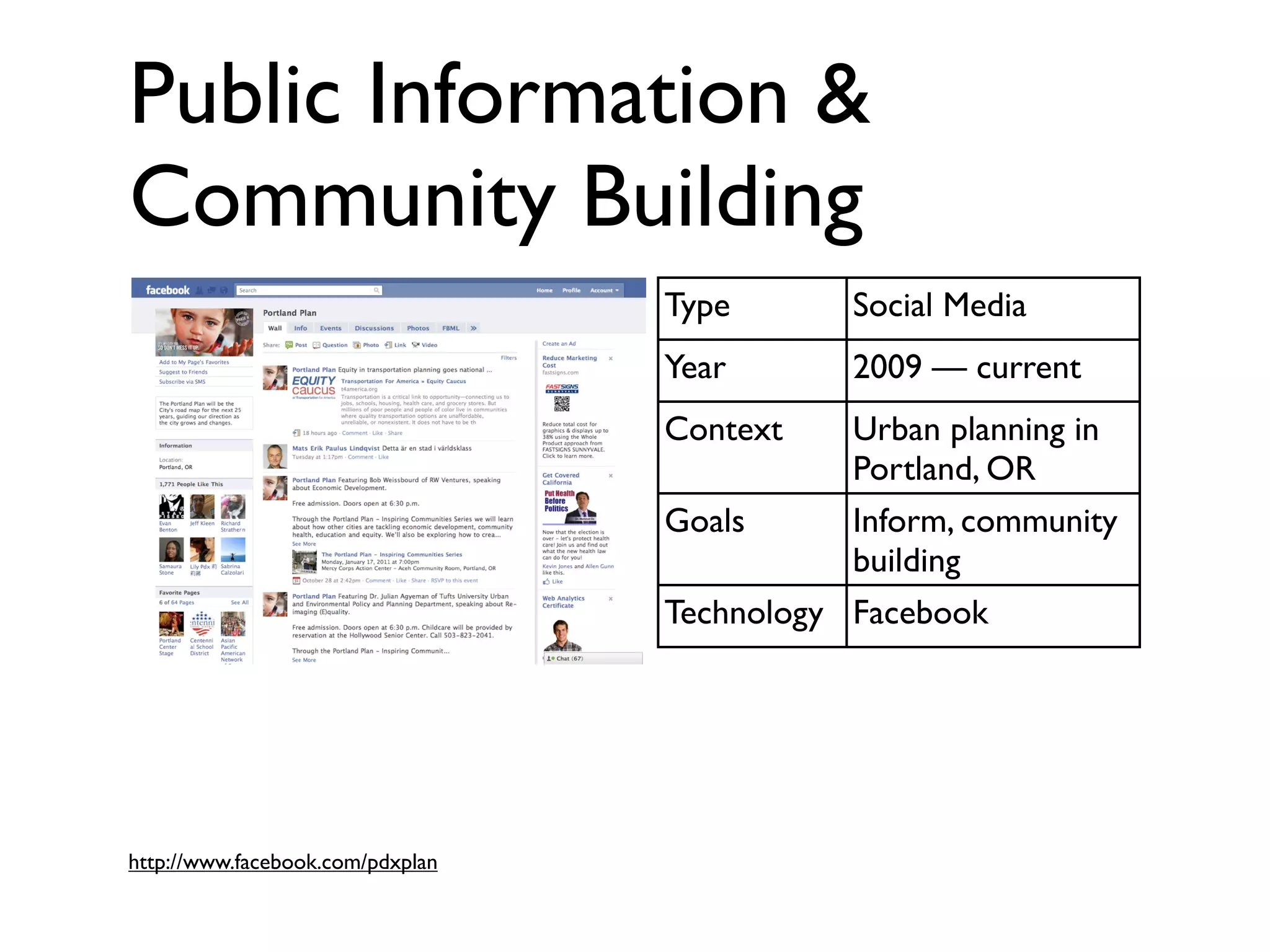 Public Information &
Community Building
                                  Type       Social Media
                                  Year       2009 — current
                                  Context    Urban planning in
                                             Portland, OR
                                  Goals      Inform, community
                                             building
                                  Technology Facebook




http://www.facebook.com/pdxplan
 