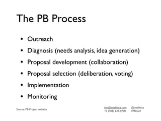 The PB Process
   •     Outreach
   •     Diagnosis (needs analysis, idea generation)
   •     Proposal development (collaboration)
   •     Proposal selection (deliberation, voting)
   •     Implementation
   •     Monitoring
                                      tim@intellitics.com   @intellitics
Source: PB Project website
                                      +1 (408) 627-0700     #PBconf
 
