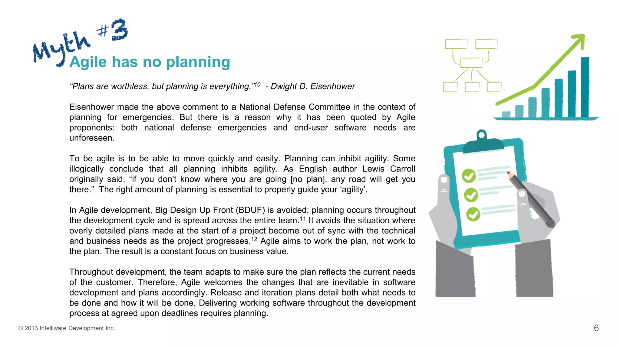 © 2013 Intelliware Development Inc. 6
Agile has no planning
“Plans are worthless, but planning is everything.”10 - Dwight D. Eisenhower
Eisenhower made the above comment to a National Defense Committee in the context of
planning for emergencies. But there is a reason why it has been quoted by Agile
proponents: both national defense emergencies and end-user software needs are
unforeseen.
To be agile is to be able to move quickly and easily. Planning can inhibit agility. Some
illogically conclude that all planning inhibits agility. As English author Lewis Carroll
originally said, “if you don't know where you are going [no plan], any road will get you
there.” The right amount of planning is essential to properly guide your ‘agility’.
In Agile development, Big Design Up Front (BDUF) is avoided; planning occurs throughout
the development cycle and is spread across the entire team.11 It avoids the situation where
overly detailed plans made at the start of a project become out of sync with the technical
and business needs as the project progresses.12 Agile aims to work the plan, not work to
the plan. The result is a constant focus on business value.
Throughout development, the team adapts to make sure the plan reflects the current needs
of the customer. Therefore, Agile welcomes the changes that are inevitable in software
development and plans accordingly. Release and iteration plans detail both what needs to
be done and how it will be done. Delivering working software throughout the development
process at agreed upon deadlines requires planning.
 