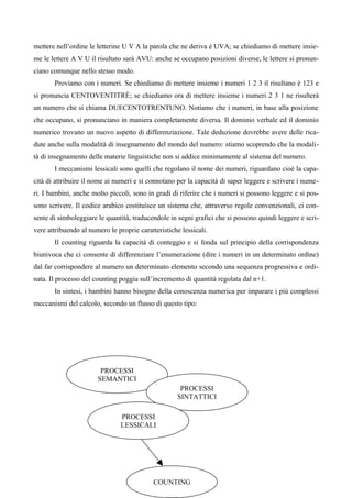 mettere nell’ordine le letterine U V A la parola che ne deriva è UVA; se chiediamo di mettere insie-
me le lettere A V U il risultato sarà AVU: anche se occupano posizioni diverse, le lettere si pronun-
ciano comunque nello stesso modo.
Proviamo con i numeri. Se chiediamo di mettere insieme i numeri 1 2 3 il risultano è 123 e
si pronuncia CENTOVENTITRÈ; se chiediamo ora di mettere insieme i numeri 2 3 1 ne risulterà
un numero che si chiama DUECENTOTRENTUNO. Notiamo che i numeri, in base alla posizione
che occupano, si pronunciano in maniera completamente diversa. Il dominio verbale ed il dominio
numerico trovano un nuovo aspetto di differenziazione. Tale deduzione dovrebbe avere delle rica-
dute anche sulla modalità di insegnamento del mondo del numero: stiamo scoprendo che la modali-
tà di insegnamento delle materie linguistiche non si addice minimamente al sistema del numero.
I meccanismi lessicali sono quelli che regolano il nome dei numeri, riguardano cioè la capa-
cità di attribuire il nome ai numeri e si connotano per la capacità di saper leggere e scrivere i nume-
ri. I bambini, anche molto piccoli, sono in gradi di riferire che i numeri si possono leggere e si pos-
sono scrivere. Il codice arabico costituisce un sistema che, attraverso regole convenzionali, ci con-
sente di simboleggiare le quantità, traducendole in segni grafici che si possono quindi leggere e scri-
vere attribuendo al numero le proprie caratteristiche lessicali.
Il counting riguarda la capacità di conteggio e si fonda sul principio della corrispondenza
biunivoca che ci consente di differenziare l’enumerazione (dire i numeri in un determinato ordine)
dal far corrispondere al numero un determinato elemento secondo una sequenza progressiva e ordi-
nata. Il processo del counting poggia sull’incremento di quantità regolata dal n+1.
In sintesi, i bambini hanno bisogno della conoscenza numerica per imparare i più complessi
meccanismi del calcolo, secondo un flusso di questo tipo:
PROCESSI
SEMANTICI
PROCESSI
SINTATTICI
PROCESSI
LESSICALI
COUNTING
 