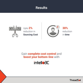 Results
Upto 2%
reduction in
Sourcing Cost
30%
reduction
in time
Gain complete cost control and
boost your bottom-line with
 