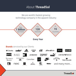 About ThreadSol
We are world’s fastest growing
technology company in the apparel industry
Plan
1 Billion
For
120
In
15
Garments Factories Countries
Every Year
Brands serviced by our Clients
and many more...
 