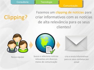 Clipping? Nossa equipe busca e seleciona notícias  relevantes em diversos meios de comunicação cria e envia informativos para os seus contatos por email Comunicação Tecnologia Consultoria Fazemos um  clipping de notícias  para  criar informativos com as notícias de alta relevância para os seus clientes! 