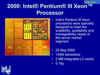 Cascades

2000: Intel® Pentium® III Xeon™
            Processor
                • Intel's Pentium III Xeon
                  processors were specially
                  designed to meet the
                  scalability, availability and
                  manageability needs of
                  the server market
                  segment.

                •   22 May 2000
                •   145M transistors
                •   2 MB integrated L2 cache
                •   0.18µ
 