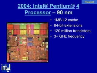 Prescott

2004: Intel® Pentium® 4
  Processor – 90 nm
            •   1MB L2 cache
            •   64-bit extensions
            •   120 million transistors
            •   3+ GHz frequency
 