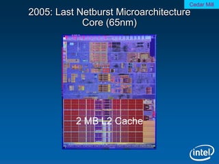 Cedar Mill
2005: Last Netburst Microarchitecture
            Core (65nm)




          2 MB L2 Cache
 