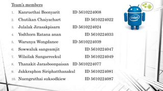 Team’s members
1. Kanruethai Boonyarit ID 5610224008
2. Chutikan Chaiyachart ID 5610224022
3. Julalak Jirasakpisarn ID 5610224024
4. Yodthorn Ratana anan ID 5610224033
5. Warunya Wongdanee ID 5610224039
6. Sowwaluk sangeamjit ID 5610224047
7. Wilailak Sangarreekul ID 5610224049
8. Thanakit Jarasboonpaisan ID 5610224077
9. Jakkraphon Siriphatthanakul ID 5610224081
10. Nuengruthai suksodkiew ID 5610224087
 